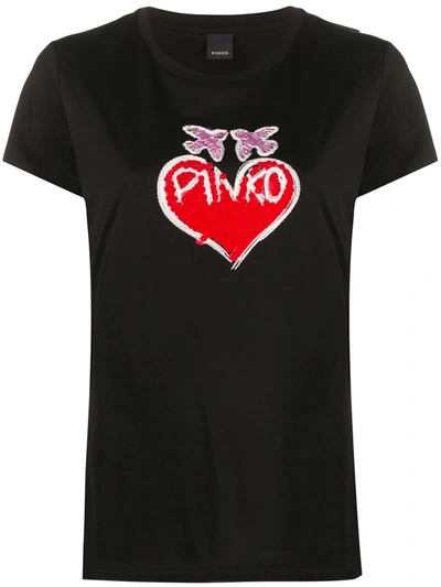 Pinko Sequin Heart T-shirt In Black