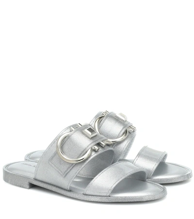 Ferragamo Taryn Metallic Jelly Logo Slide Sandals In Silver