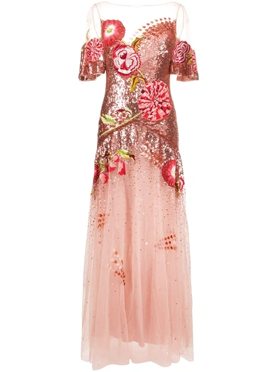 Temperley London Floral-embroidered Sequin Tulle Gown In Pink