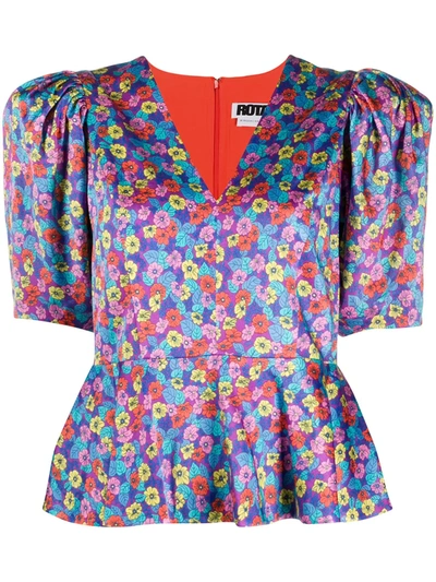 Rotate Birger Christensen Mindy Floral-print Peplum Blouse In Purple