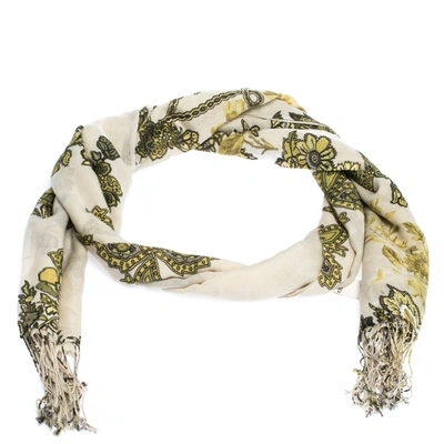 Pre-owned Roberto Cavalli White & Green Floral Printed Cashmere Stole