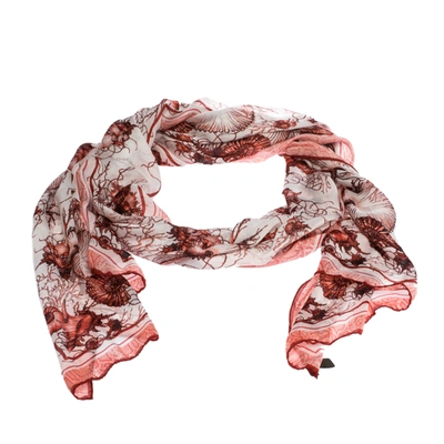 Pre-owned Roberto Cavalli Red & White Coral Reef Print Silk Scarf