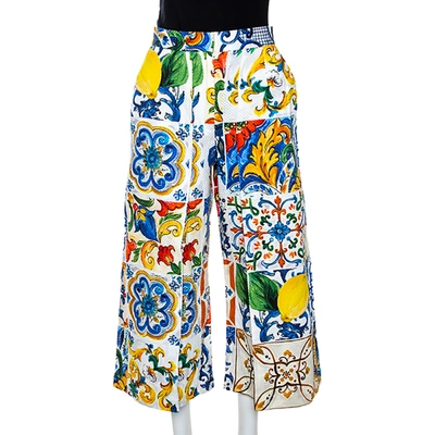 Pre-owned Dolce & Gabbana Multicolor Textured Cotton Majolica Print Cropped Trousers S