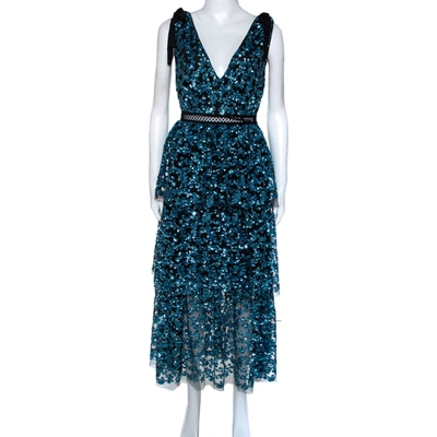 Pre-owned Self-portrait Blue Sequin Embellished Tulle Tiered Midi Dress M