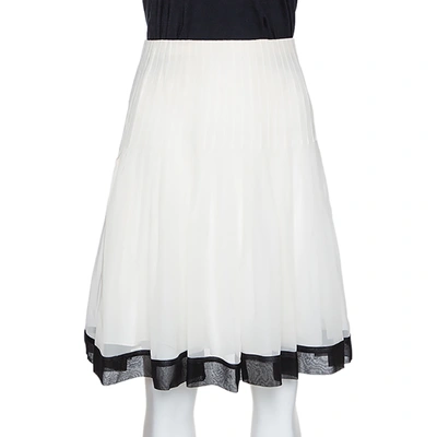 Pre-owned Oscar De La Renta Bicolor Chiffon Pleated A Line Skirt M In White