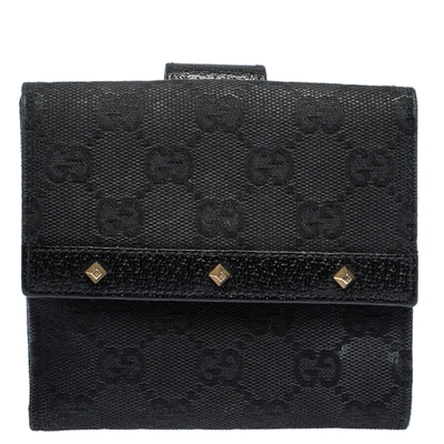 Pre-owned Gucci Black Gg Canvas And Leather Studded Compact Wallet