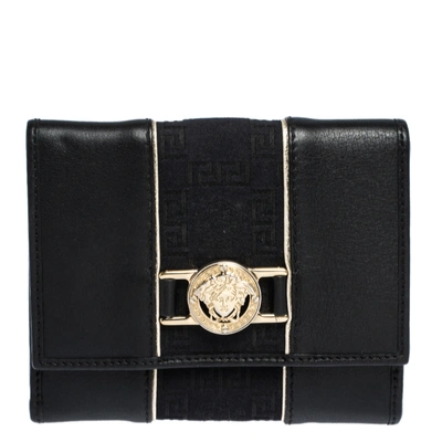 Pre-owned Versace Black Canvas And Leather Compact Wallet