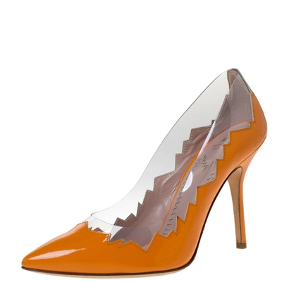Pre-owned Moschino Cheap And Chic Orange Patent Leather Laser Cut Pumps Size 38