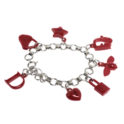 Pre-owned Dior Red Resin Multi Charm Silver Tone Link Bracelet
