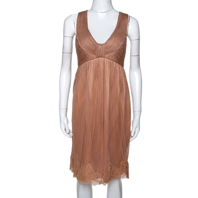 Pre-owned Stella Mccartney Copper Silk Tulle Gathered Halter Neck Dress S In Brown