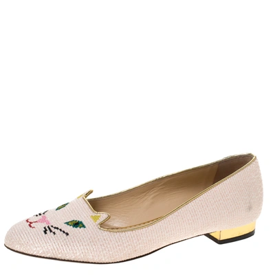 Pre-owned Charlotte Olympia Beige Embroidered Canvas Emoticat Cheeky Kitty Ballet Flats Size 40