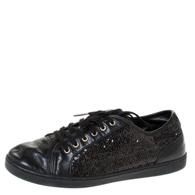 Pre-owned Dolce & Gabbana Black Sequins And Leather Cap Toe Low Top Sneakers Size 38