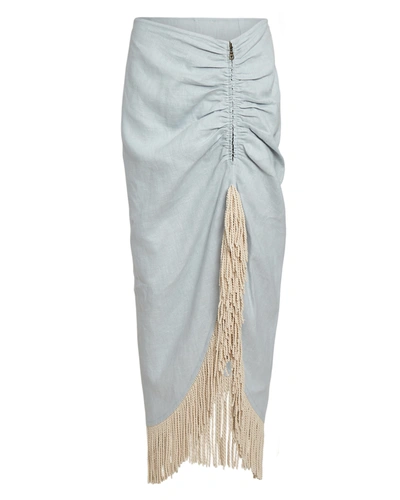 Just Bee Queen Mallorca Fringed Linen Midi Skirt In Sky