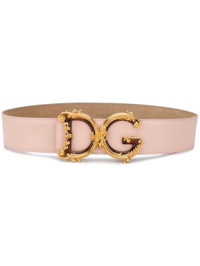 Dolce & Gabbana Leather Baroque Logo Belt In Pink