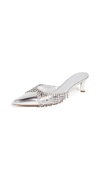 Area Crystal Kitten Mules In White Patent