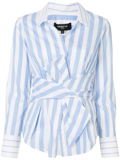 Paule Ka Striped Cotton-blend Poplin Tie Blouse In Blue