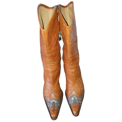 Pre-owned Lella Baldi Leather Western Boots In Camel