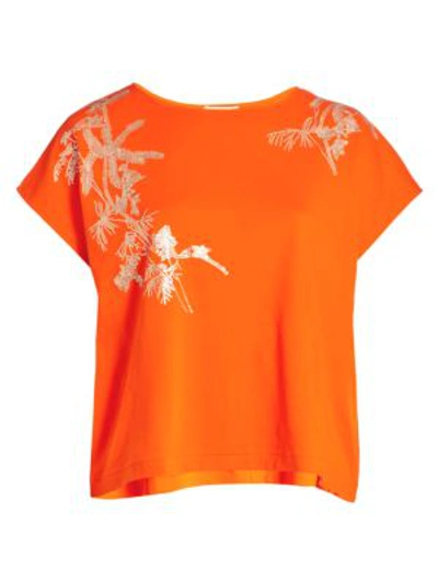 Joan Vass, Plus Size Embroidered Leaf Big T-shirt In Orange