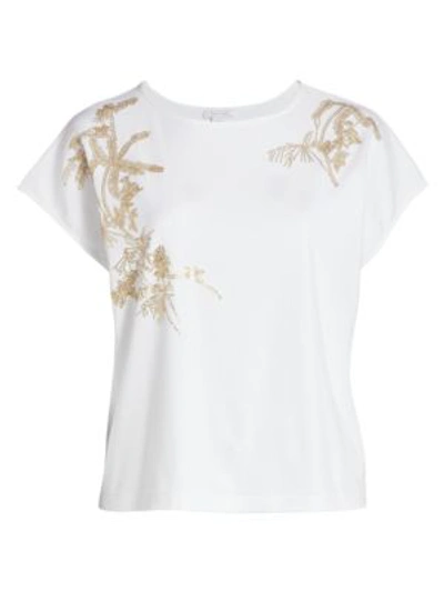 Joan Vass, Plus Size Women's Embroidered Leaf Big T-shirt In White