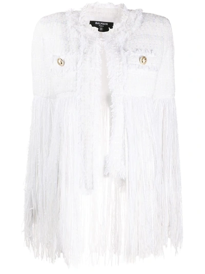 Balmain Long Fringe Tweed Jacket In White