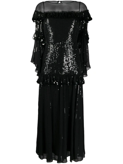 Temperley London Sylvan Tiered Sequin Chiffon Midi Dress In Black | ModeSens