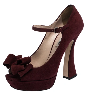 Pre-owned Miu Miu Burgundy Suede Leather Mary Jane Bow Peep Toe Platform Pumps Size 38