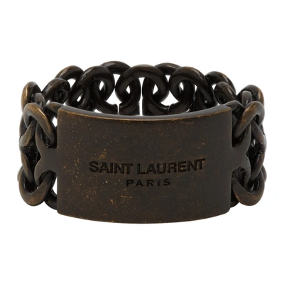 Saint Laurent Logo Plaque Chain Ring In Brown