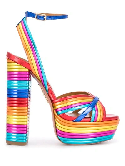 Aquazzura Sundance 140 Metallic-leather Platform Sandals In Red,blue,yellow