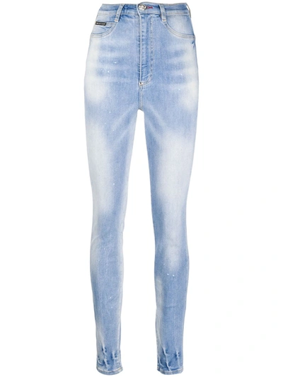 Philipp Plein Faded Embroidered Detail Jeans In Blue