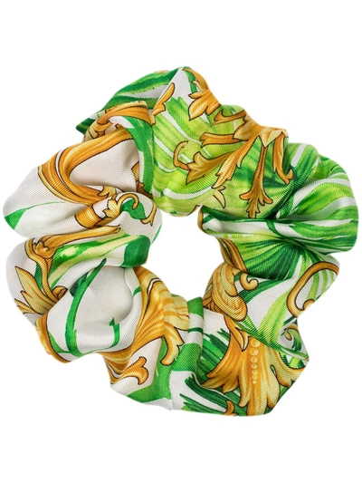 Versace Green Baroque Print Silk Scrunchie