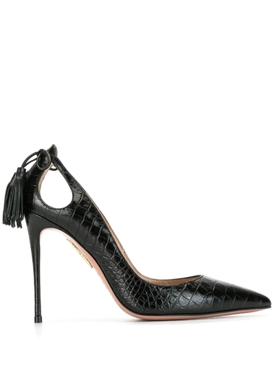 Aquazzura Women's Forever Marilyn Cutout Croc-embossed Leather Pumps In Black