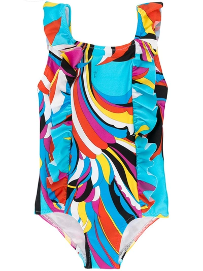 Emilio Pucci Junior Kids' Ruffled Abstract-print Swimsuit In Blue