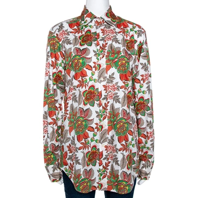 Pre-owned Etro White & Red Floral Printed Stretch Cotton Button Front Shirt M