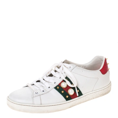 Pre-owned Gucci White Leather Ace Web Embellished Low Top Sneakers Size 37