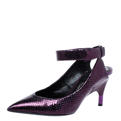 Pre-owned Tom Ford Plum Snakeskin Pointed Toe Cut Out Heel Pumps Size 37.5 In Purple