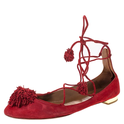 Pre-owned Aquazzura Aquaazzura Red Suede Leather Fringe Tassel Ankle Wrap Ballet Flats Size 40.5