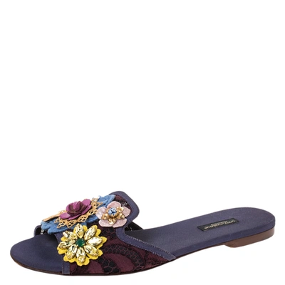 Pre-owned Dolce & Gabbana Brown/purple Lace Crystal Flower Embellished Flat Slides Size 39