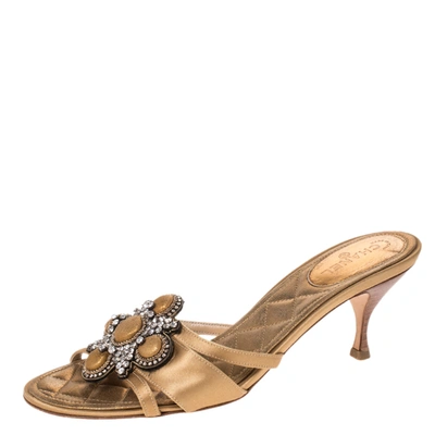 Pre-owned Chanel Gold Satin Crystal Embellished Slide Sandals Size 38