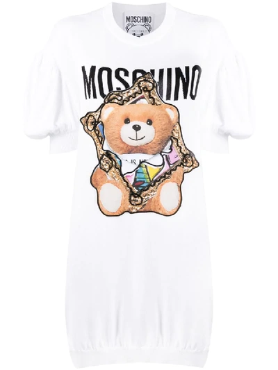 Moschino Frame Teddy-print Knitted Dress In White