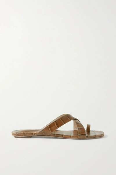 Porte & Paire Croc-effect Leather Sandals In Tan