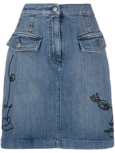 Moschino Cornely Embroidered Denim Skirt In Blue