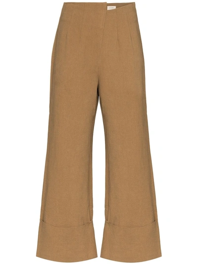 St Agni Kazashi Cotton-linen Cropped Flared-leg Pants In Brown