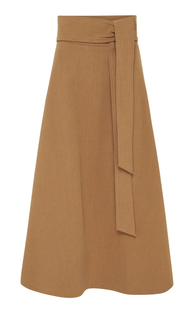St Agni Manami Belted Cotton-linen A-line Midi Skirt In Brown