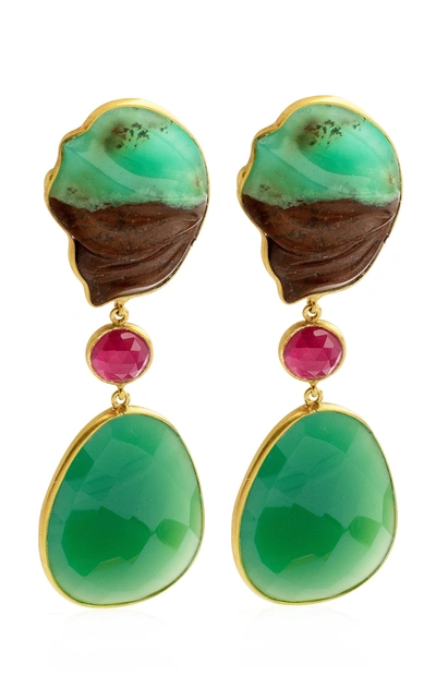 Bahina Chrysoprase; Ruby; Agathe 18k Yellow Gold Earrings In Green