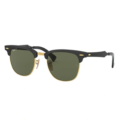 Ray Ban Clubmaster Aluminum Sunglasses Black Frame Green Lenses Polarized 51-21 In Black On Gold