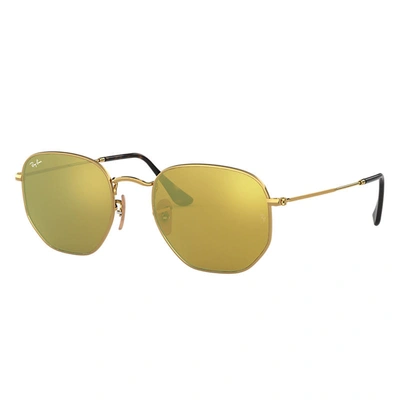 Ray Ban Hexagonal Flat Lenses Sunglasses Gold Frame Yellow Lenses 54-21