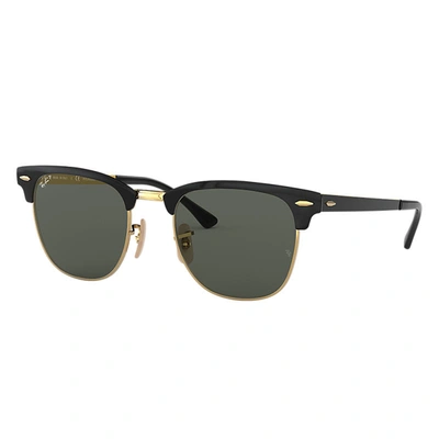 Ray Ban Clubmaster Metal Sunglasses Black Frame Green Lenses Polarized 51-21 In Black On Gold
