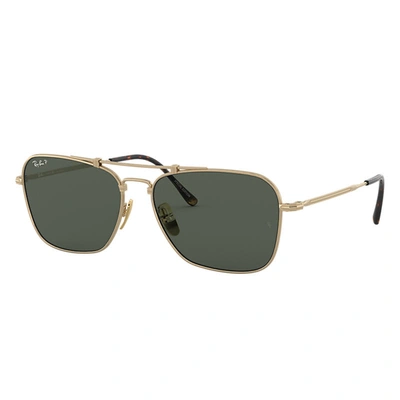 Ray Ban Caravan Titanium Sunglasses Gold Frame Green Lenses Polarized 58-15