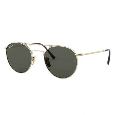 Ray Ban Round Double Bridge Titanium Sunglasses Gold Frame Green Lenses Polarized 50-21