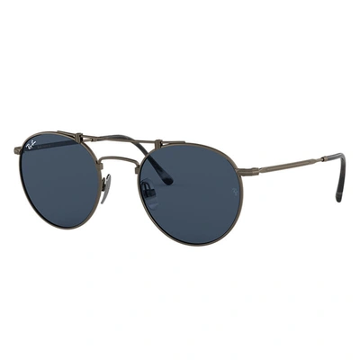 Ray Ban Round Double Bridge Titanium Sunglasses Pewter Frame Blue Lenses 50-21 In Grau